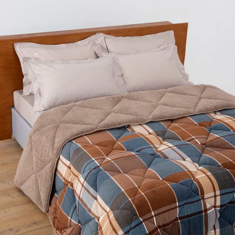 Quilt Super Double Sherpa Printed Carreaux Brown 220x240cm.
