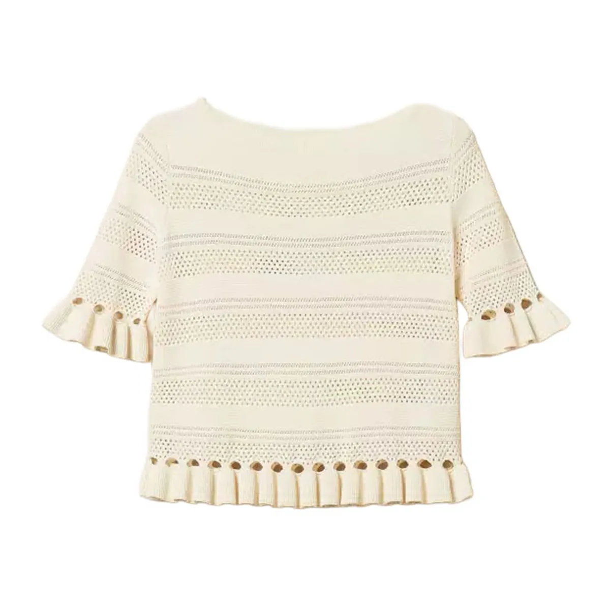 Women's short-sleeved knitted sweater with ruffles