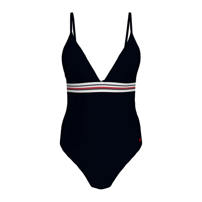 One-piece swimsuit with deep neckline