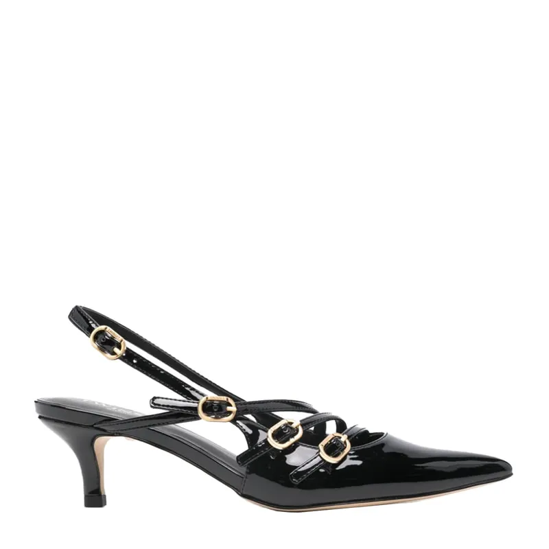 Faux patent leather sling back court shoes with straps