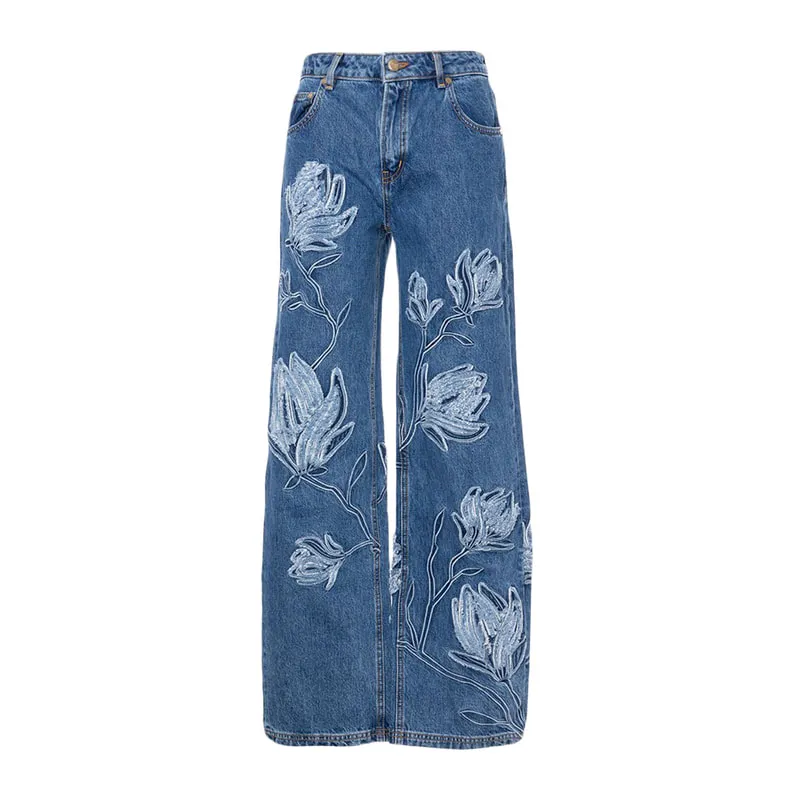 Floral embroidery Denim Pants