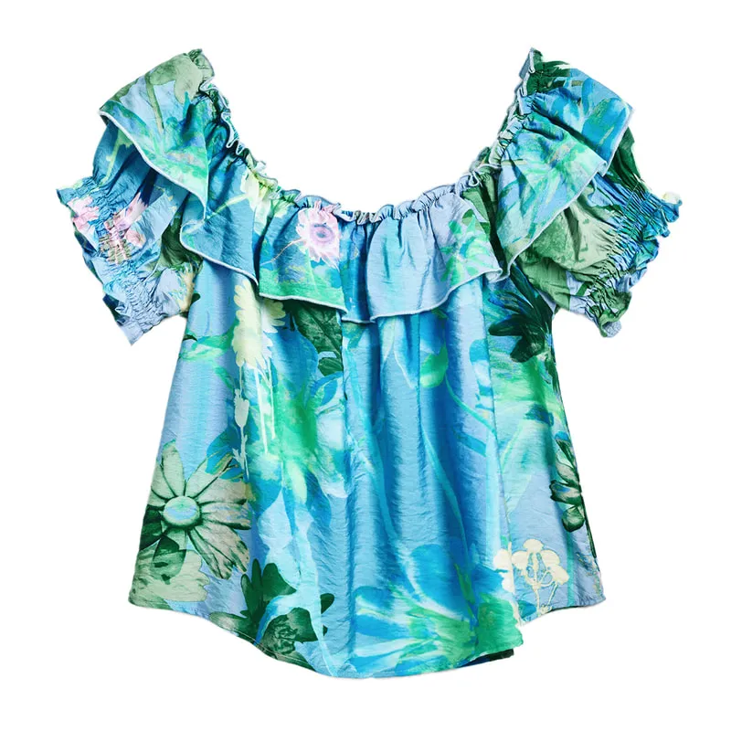 Floral blouse with ruffles on the shoulders