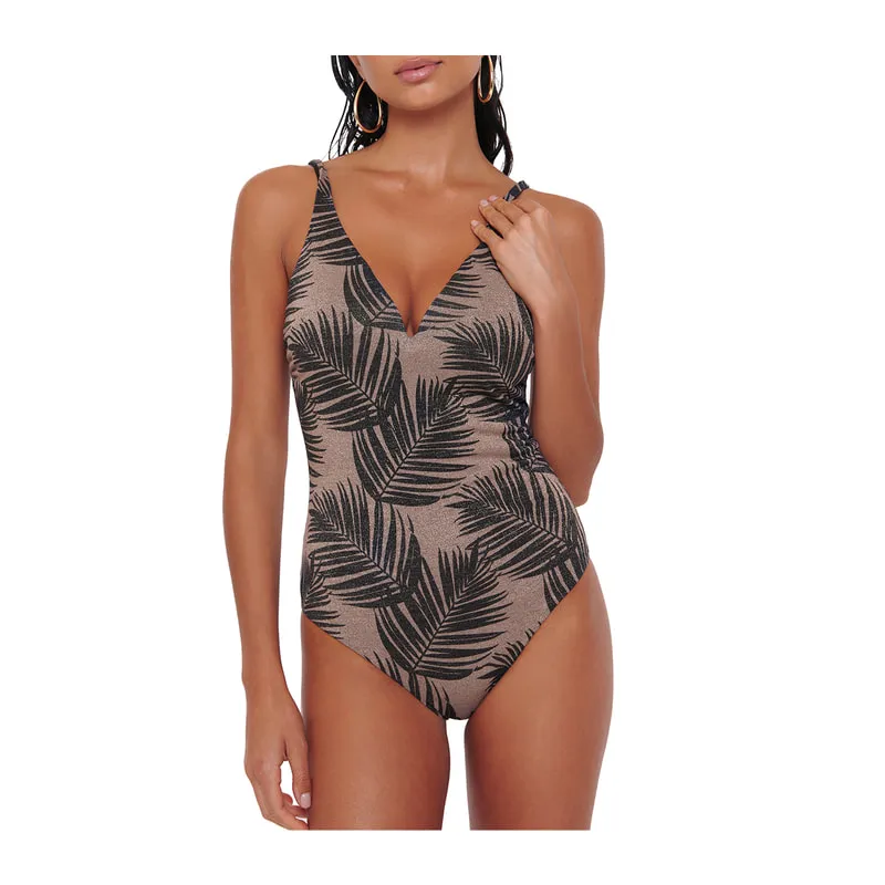 African Ovation Gold V plunged one-piece swimsuit