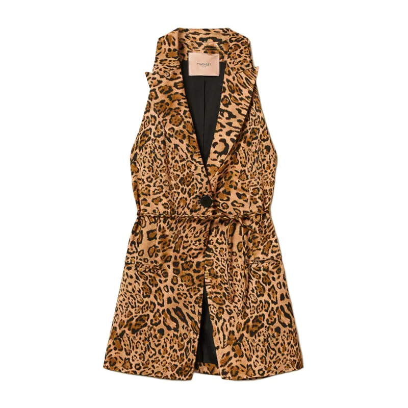 Sleeveless jacquard jacket with animal print
