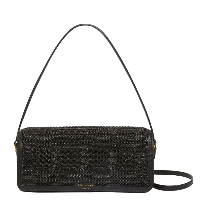 Raffia Panel Fold-Over Baguette Shoulder Bag PETTRIA