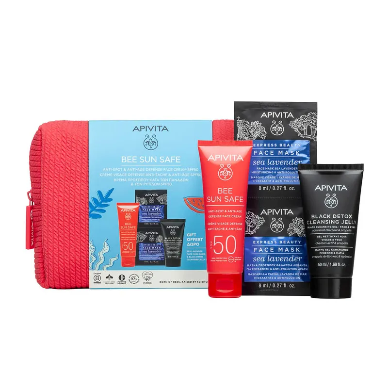 Bee Sun Safe Face Cream Against Freckles & Wrinkles Spf50 & Gift Mini Black Cleansing Gel & Sea Lavender Face Mask