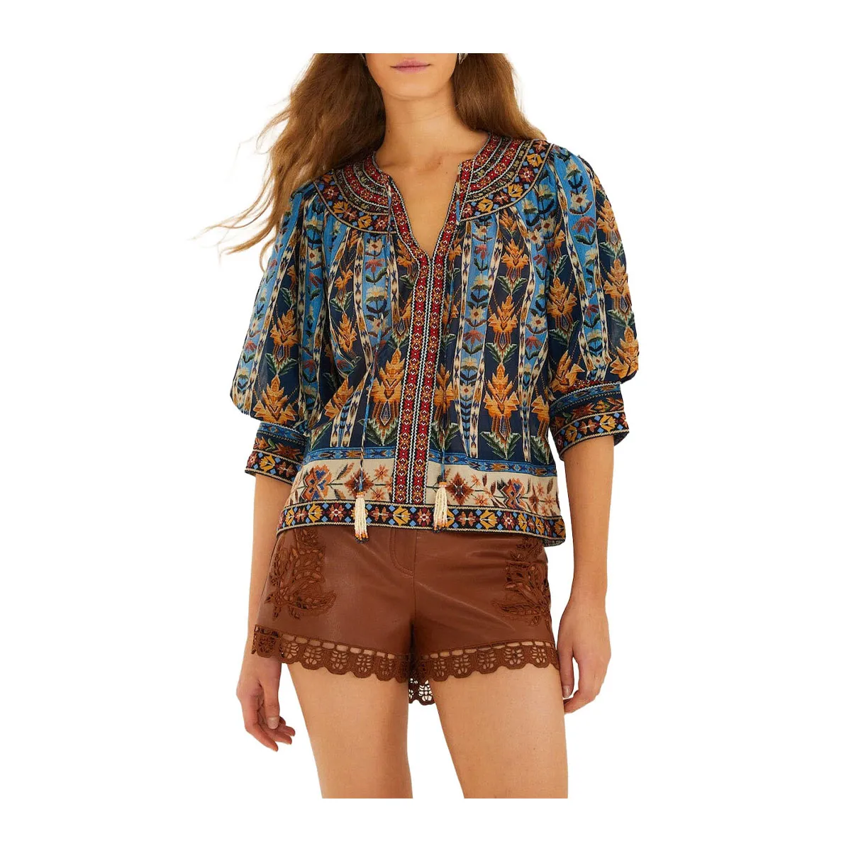 Blue embroidered tapestry blouse