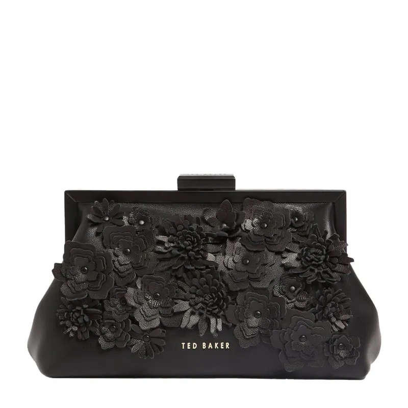 Flower applique faux leather clutch bag FIORELL