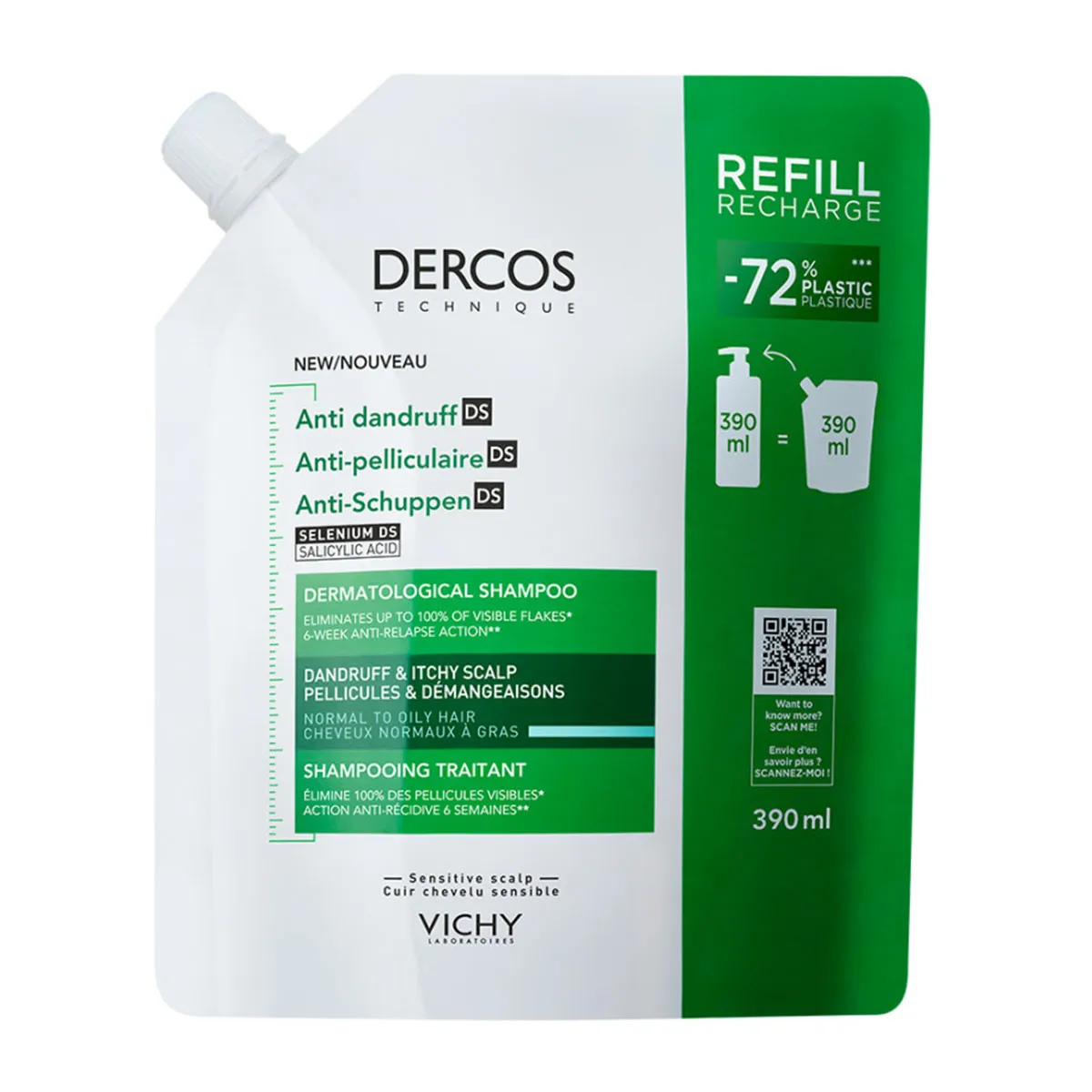 Dercos Anti-Dandruff DS Shampoo for Dry Scalp, Dandruff & Itching - Normal to Oily Hair. Eco-Friendly Refill Packaging