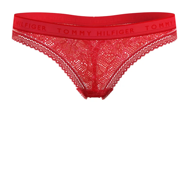Floral lace logo waistband thong