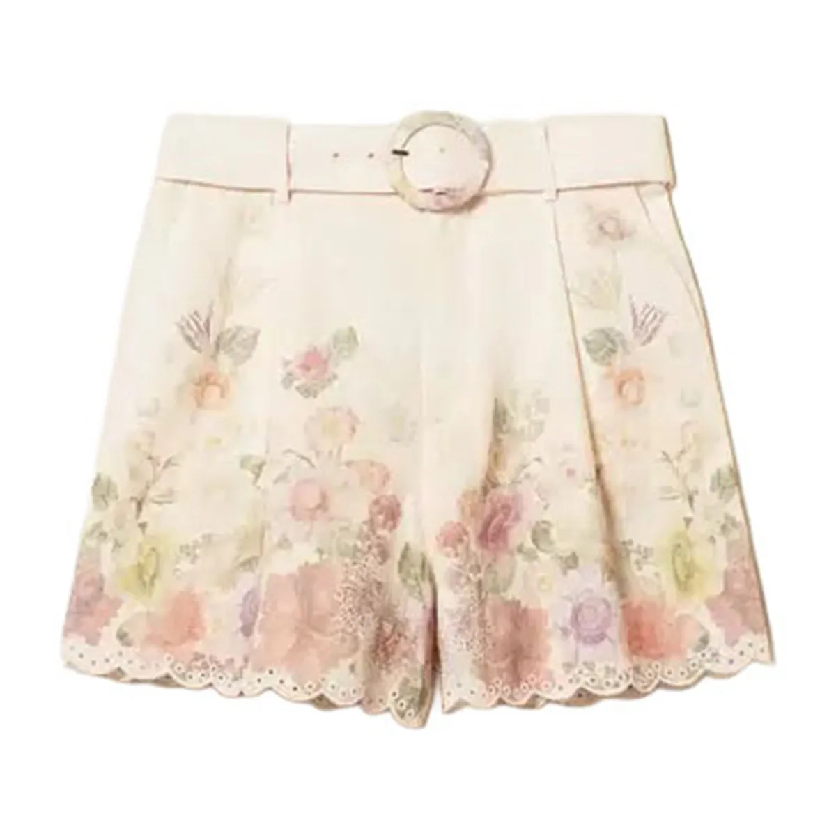 Women's linen floral shorts with embroidery