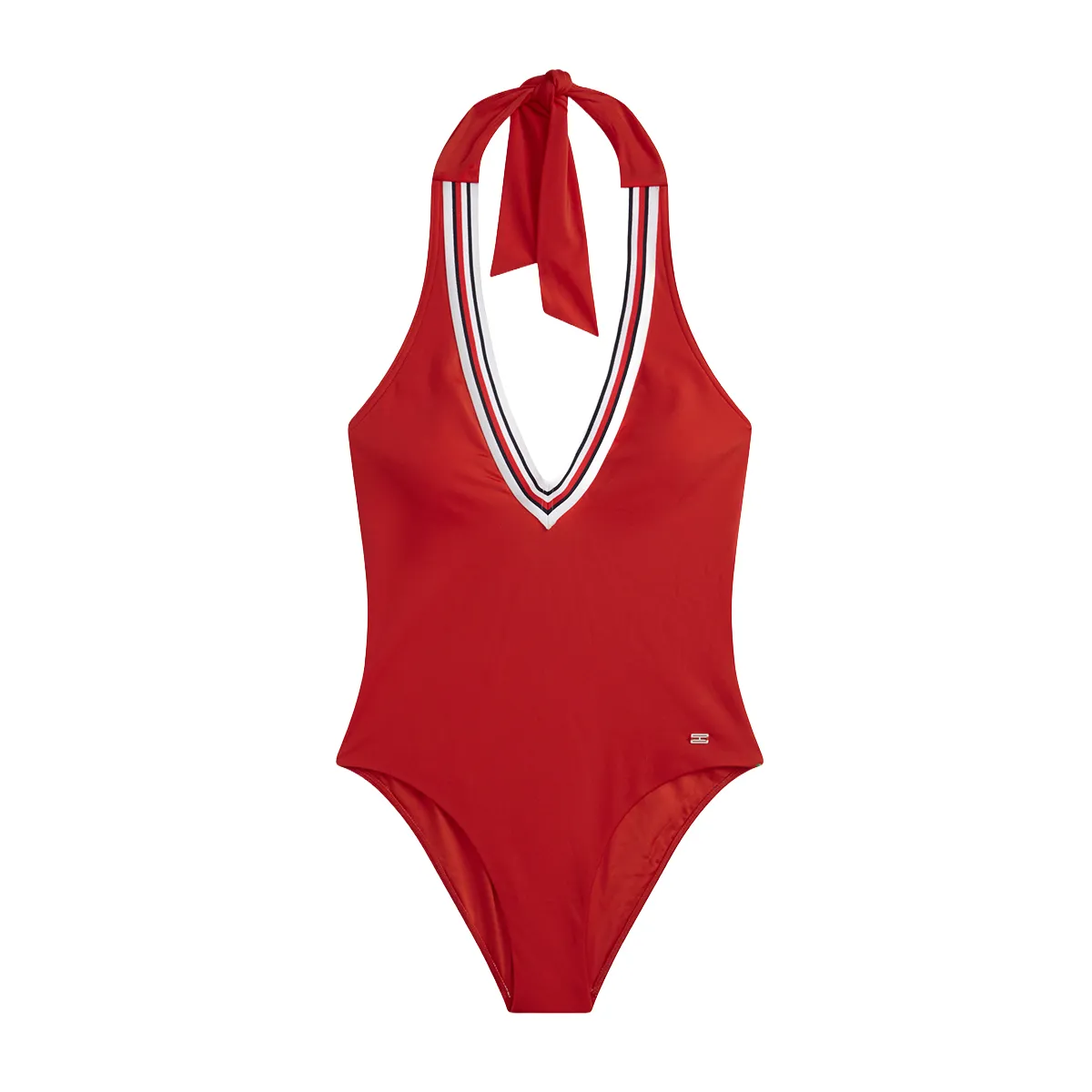 Global stripe plunge halterneck swimsuit