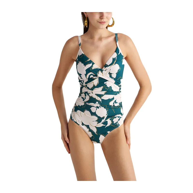 Hunter Blossom printed draped one-piece swimsuit