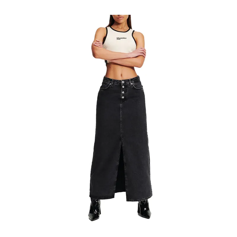High-rise denim maxi skirt