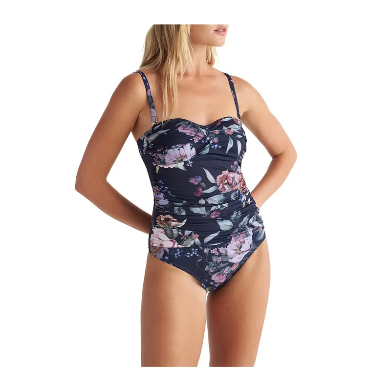 Moody Blossoms draped strapless one-piece swimsuit