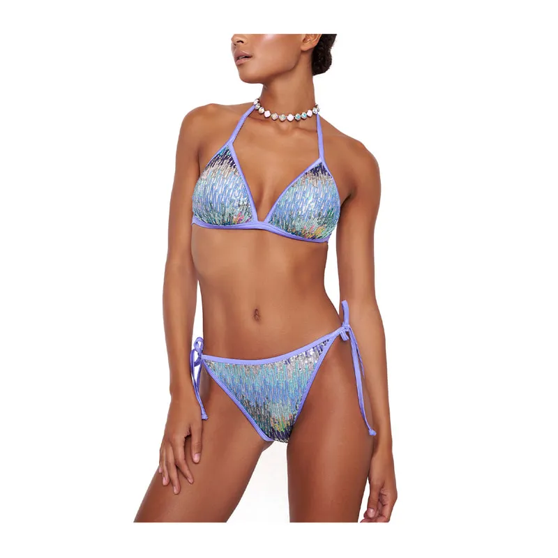 Round Midnight triangle bikini top with sequins