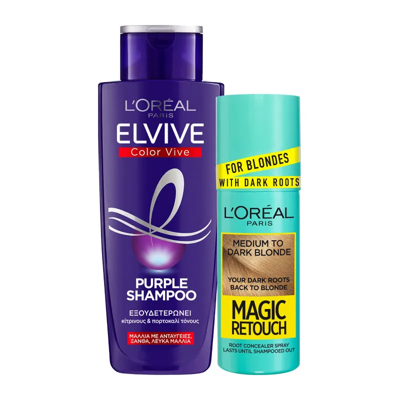 Set For Blond Hair With White Roots Elvive Purple Shampoo & Magic Retouch 4 Blond