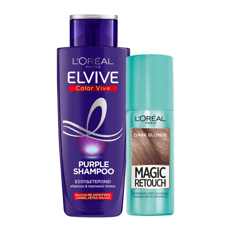 Set For Blond Hair With White Roots Elvive Purple Shampoo + Magic Retouch Dark Roots 7.3 Dark Blond