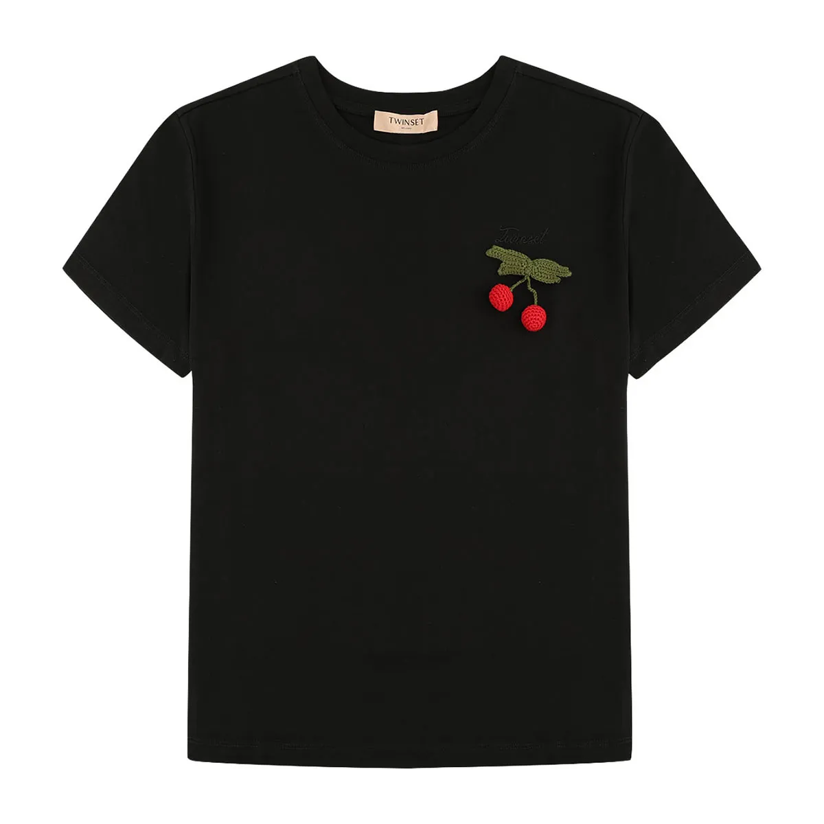 Women's t-shirt with crochet brooch