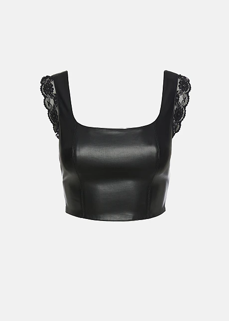 Κροπ τοπ με δαντέλα σε δερμάτινη όψη