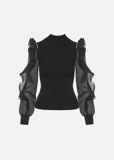 Πλεκτή μπλούζα με τούλι και βολάν