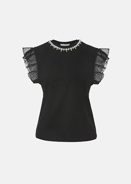 Μπλούζα με μανίκια τούλι και πέρλες