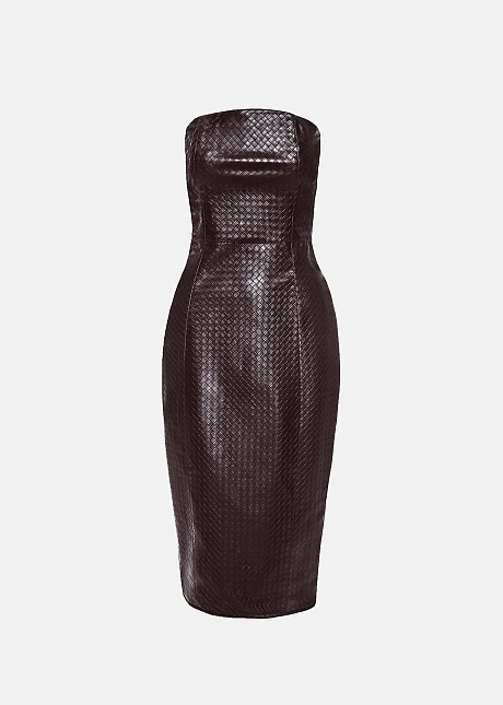 Στράπλες πλεκτό φόρεμα με δερμάτινη όψη