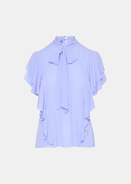 Κοντομάνικη μπλούζα με βολάν και δέσιμο στο λαιμό