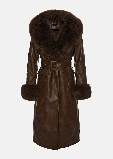 Παλτό με δερμάτινη όψη και γούνινες λεπτομέρειες