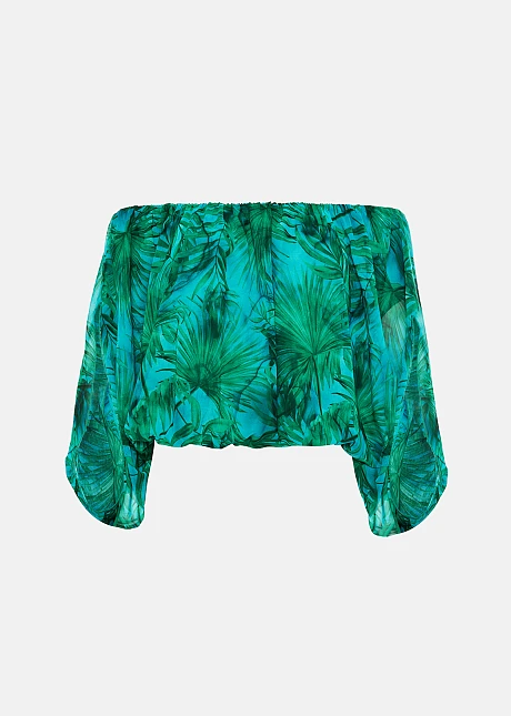 Έμπριμέ off-shoulder μπλούζα