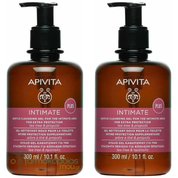 2 x Apivita Intimate Plus Gentle Cleansing Gel for the Intimate Area for Extra Protection with Tea Tree & Propolis, 2x300ml