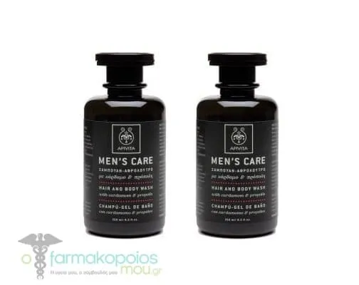 2 x Apivita Men's Care Hair & Body Wash with Cardamom & Propolis, 2x250ml