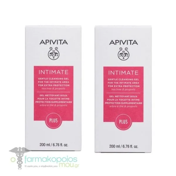 2 x Apivita Intimate Plus Gentle Cleansing Gel for the Intimate Area for Extra Protection with Tea Tree & Propolis, 2x200ml