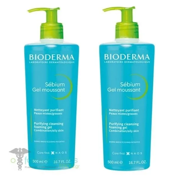 2 x Bioderma Sebium Gel Moussant Purifying Cleansing Foaming Gel for Combination/Oily Skin, 2 x 500ml