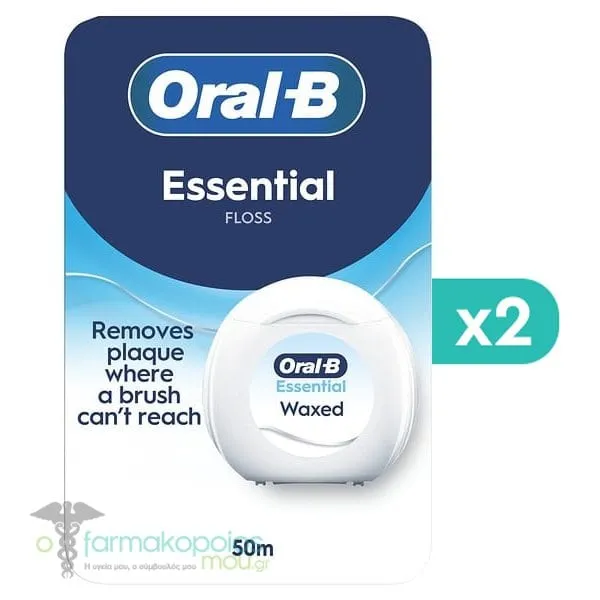 2x Oral-B Essential Floss Κηρωμένο Οδοντικό Νήμα Χωρίς Γεύση, 2x50m