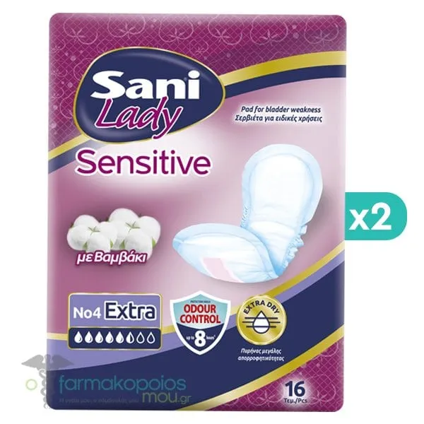 2x Sani Sensitive Lady Discreet Pads Extra No.4, 2 x 16pcs