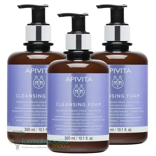 3 x Apivita Cleansing Creamy Foam Face & Eyes with Olive, Lavender & Propolis, 3x300ml