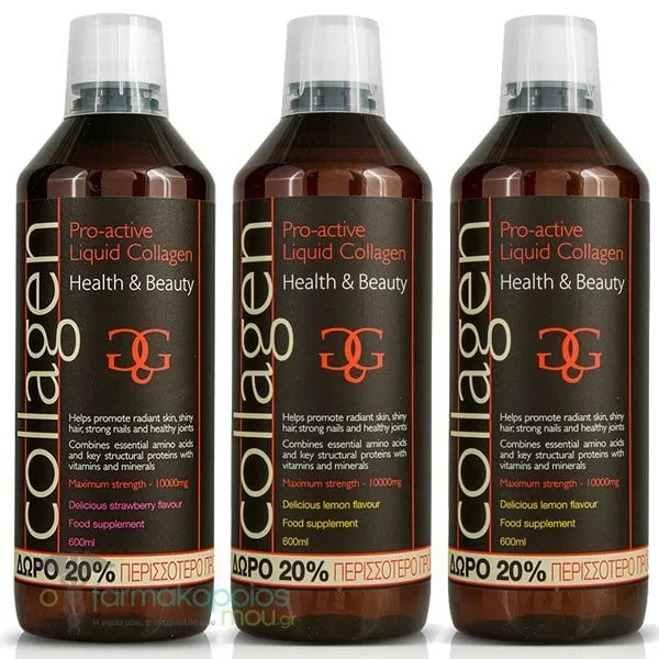 3x Collagen Pro-Active Liquid Collagen Lemon, 2x600ml & Strawberry, 600ml