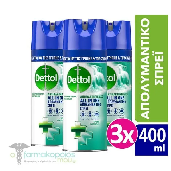 3 x Dettol All in One Disinfectant Spray Spring Waterfall, 3 x 400ml