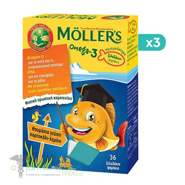 3 x Moller's Omega-3 Jelly Fish Orange-Lemon, 3 x 36gummies