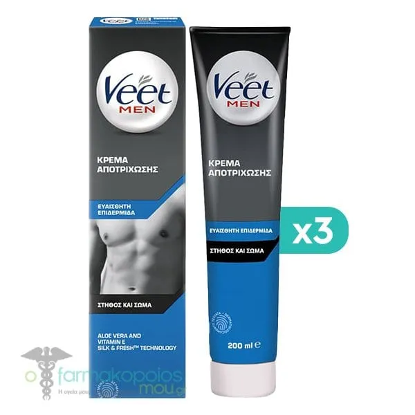 3 x Veet Men Κρέμα Αποτρίχωσης για Άνδρες για Ευαίσθητη Επιδερμίδα, 3 x 200ml