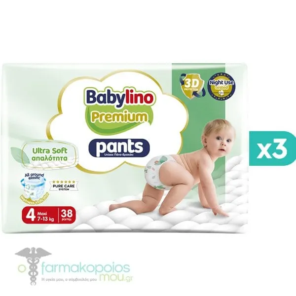 3x Babylino Premium Ultra Soft Pants Νο4 (7-13kg), (3x38pcs) 114pcs