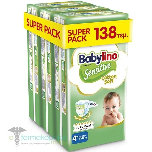3x Babylino Super Pack Sensitive Cotton Soft Νο.4+ (10-15kg) Baby Diapers, 3x46pcs (138pcs)