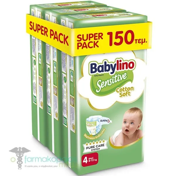 3x Babylino Super Pack Sensitive Cotton Soft No4 (8-13kg) Baby Diapers, 3x50pcs (150pcs)