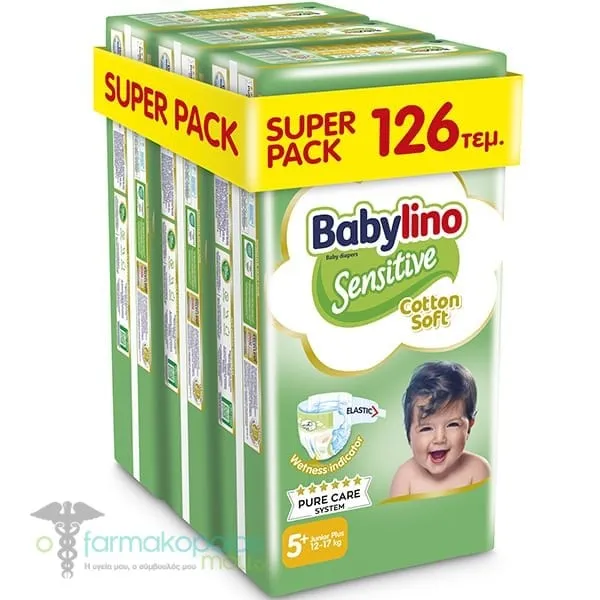 3x Babylino Super Pack Sensitive Cotton Soft No5+ (12-17kg) Baby Diapers, 3x42pcs (126pcs)