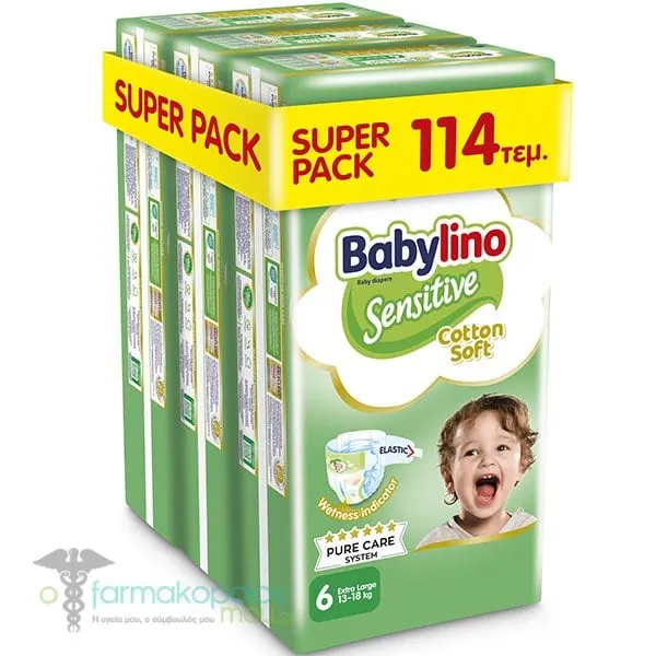 3x Babylino Super Pack Sensitive Cotton Soft No.6 (13-18kg) Baby Diapers, 3x38pcs (114pcs)