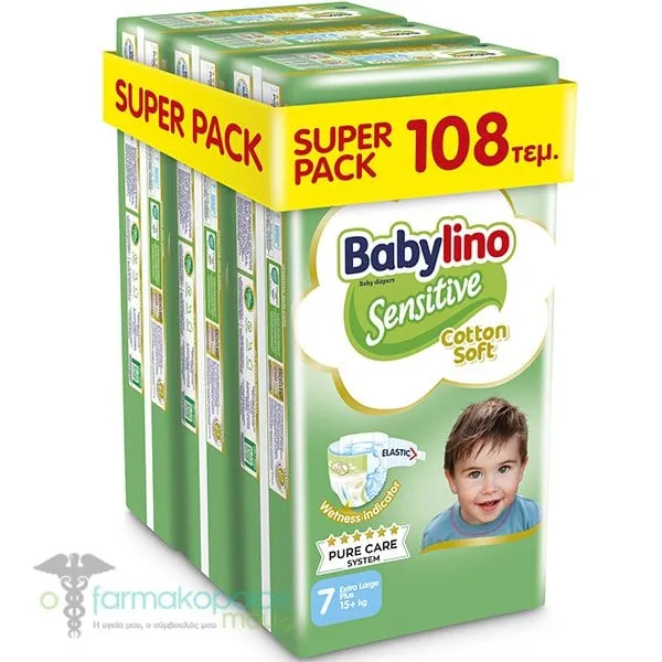 3x Babylino Super Pack Sensitive Cotton Soft No.7 (15+kg) Baby Diapers, 3x36pcs (108pcs)