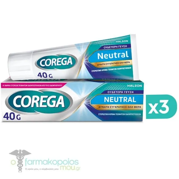 3x Corega Neutral Denture Adhesive Cream Taste-Free, 3x40g