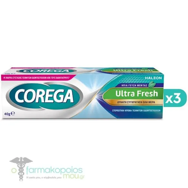 3x Corega Ultra Fresh Denture Adhesive Cream Mint Flavor, 3x40g