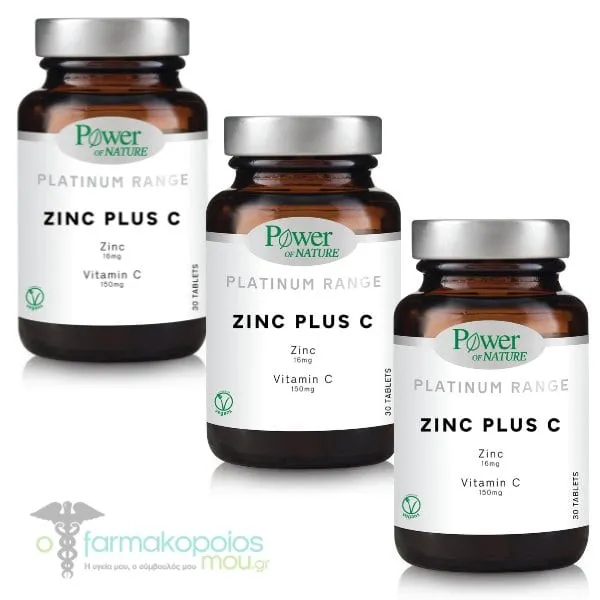 3x Power of Nature Platinum Range Zinc Plus C, 3x30tabs
